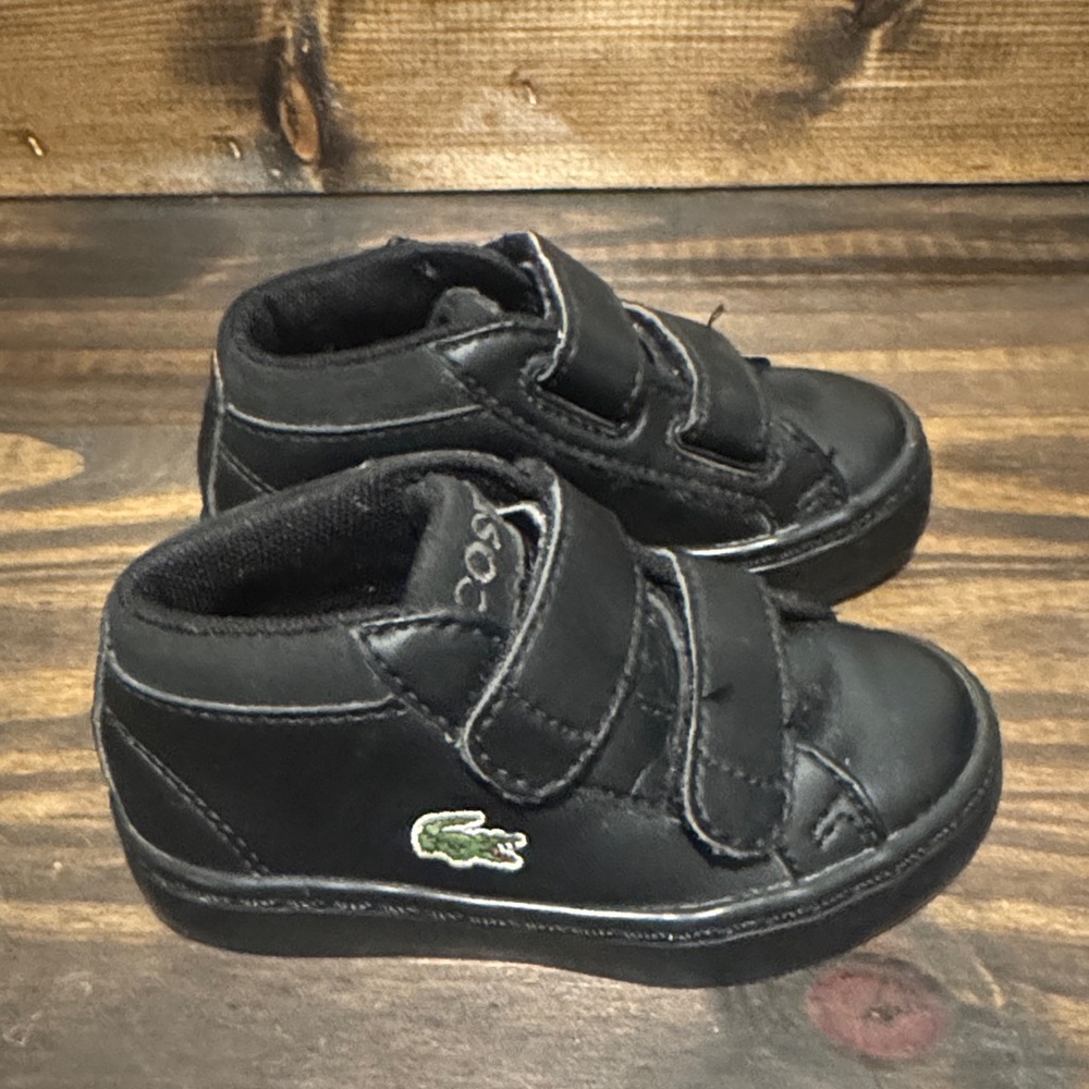 Lacoste Kids Black Velcro Leather Sneakers with Green Crocodile Logo-Size 5